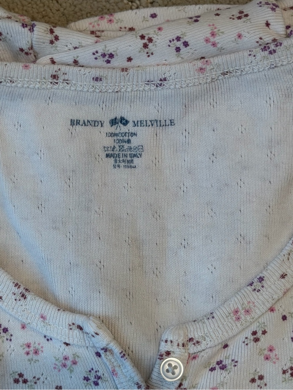 Brandy Melville White Floral Button-Up Sleep Top with Pink & Purple Blossoms